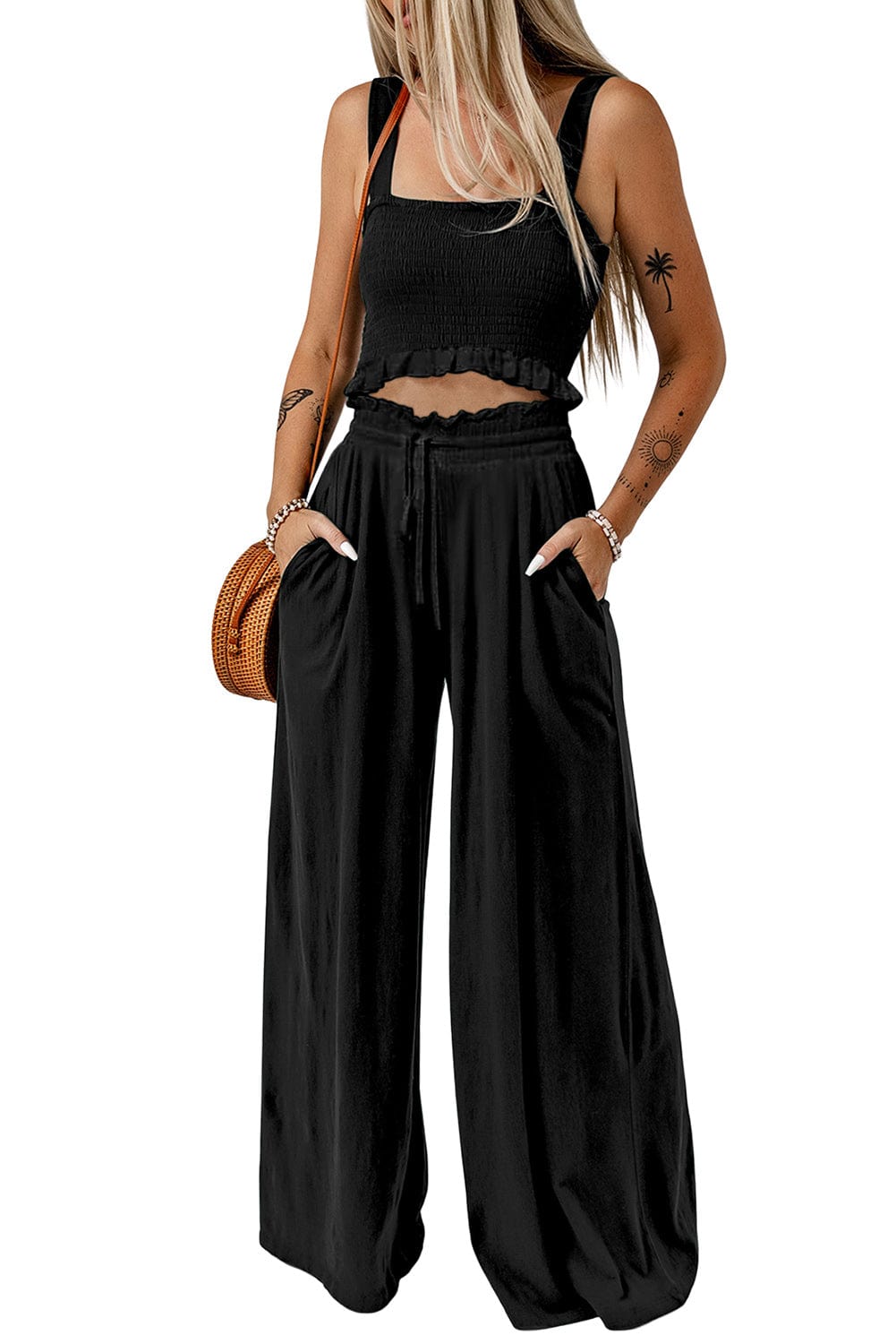 Rosy Brown Square Neck Cropped Tank Top and Long Pants Set