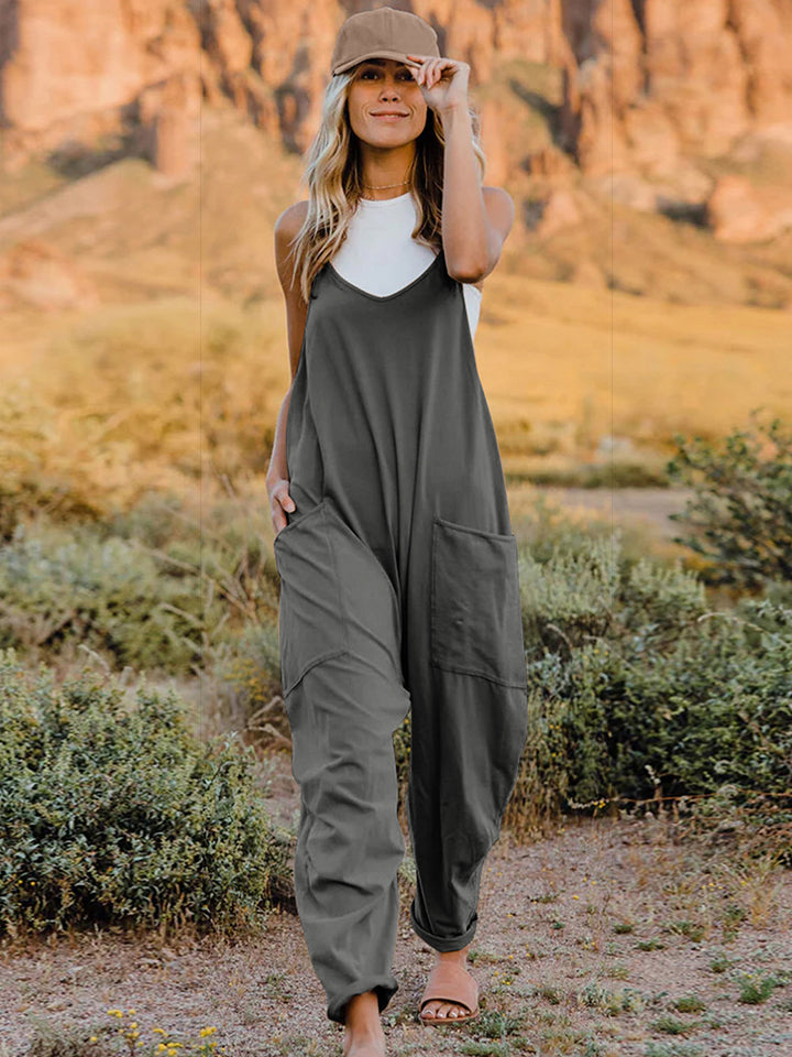 Dim Gray Double Take Full Size Sleeveless V-Neck Pocketed Jumpsuit Sentient Beauty Fashions Apaparel &amp; Accessories
