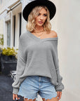 V-Neck Ribbed Dropped Shoulder Knit Top