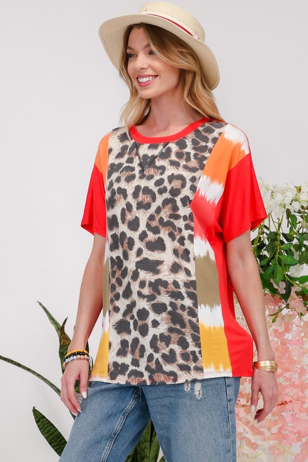 Light Gray Celeste Full Size Leopard Color Block T-Shirt