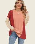 Double Take Texture Contrast Round Neck Long Sleeve T-Shirt