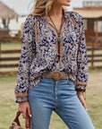 Full Size Printed Notched Long Sleeve Blouse