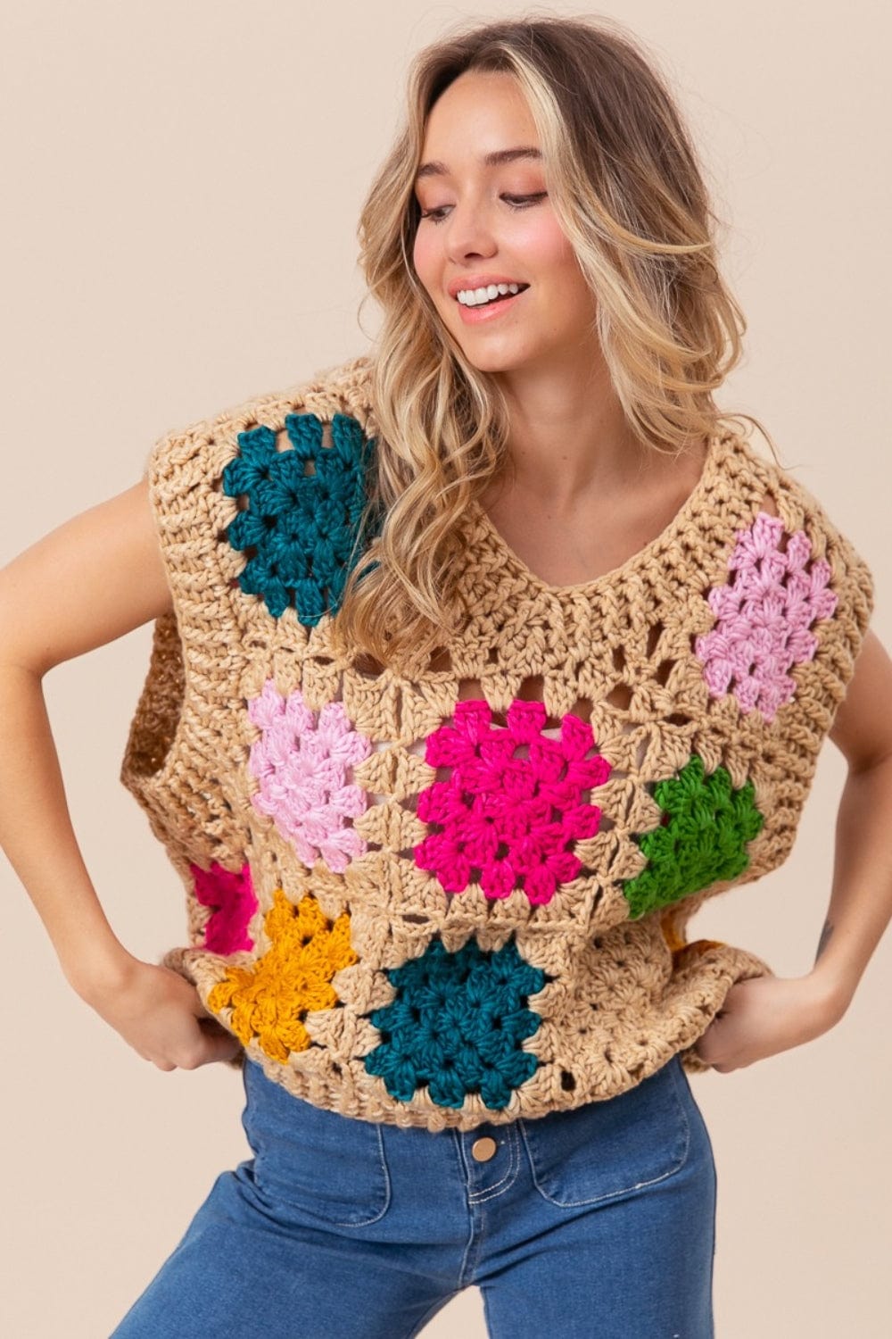 Wheat BiBi Granny Square Openwork Sweater Vest