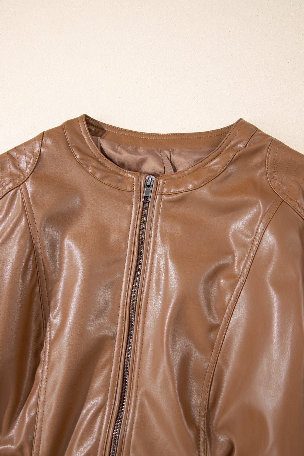 PU Leather Round Neck Long Sleeve Jacket