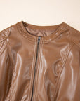 PU Leather Round Neck Long Sleeve Jacket