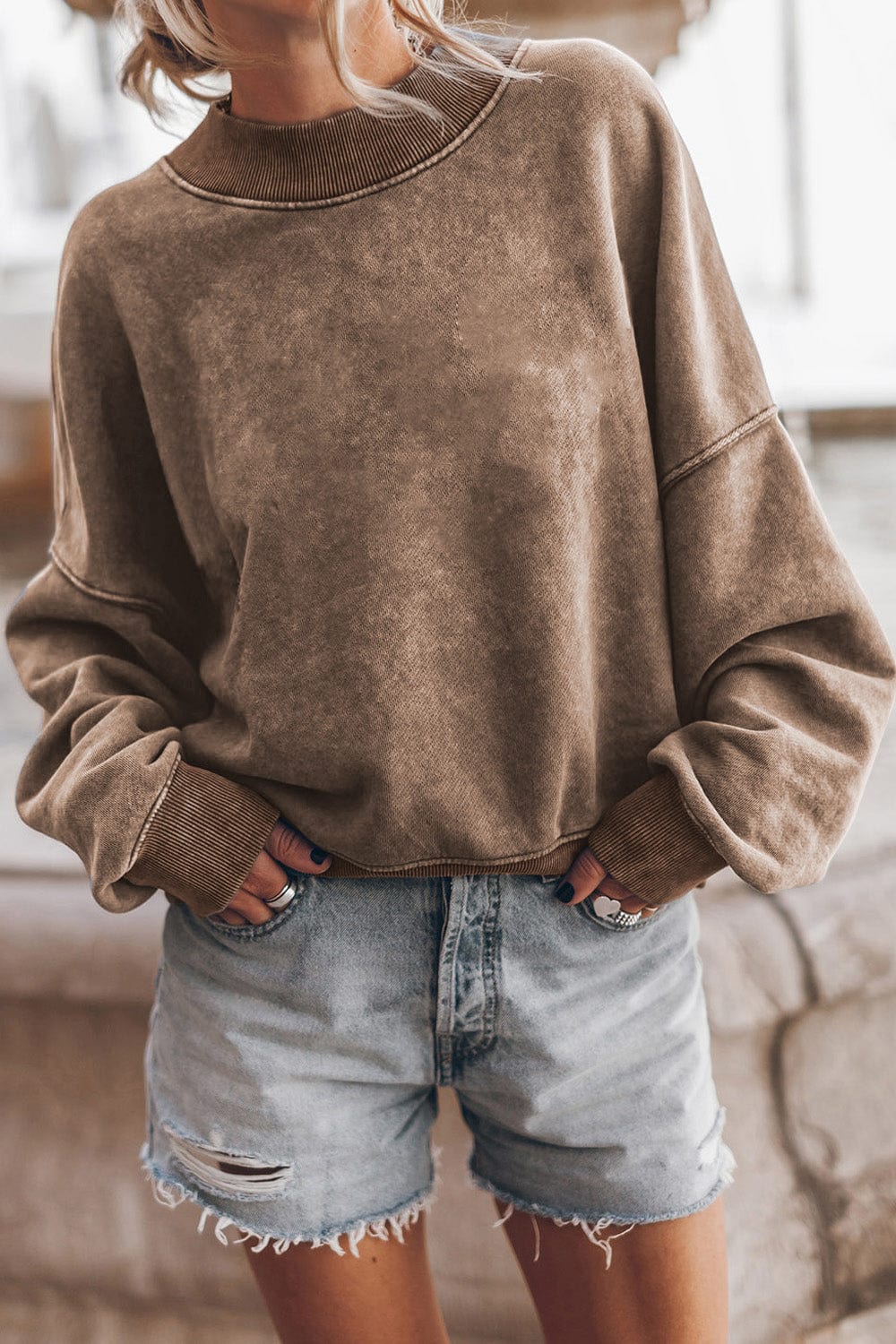 Dim Gray Round Neck Dropped Shoulder Sweatshirt