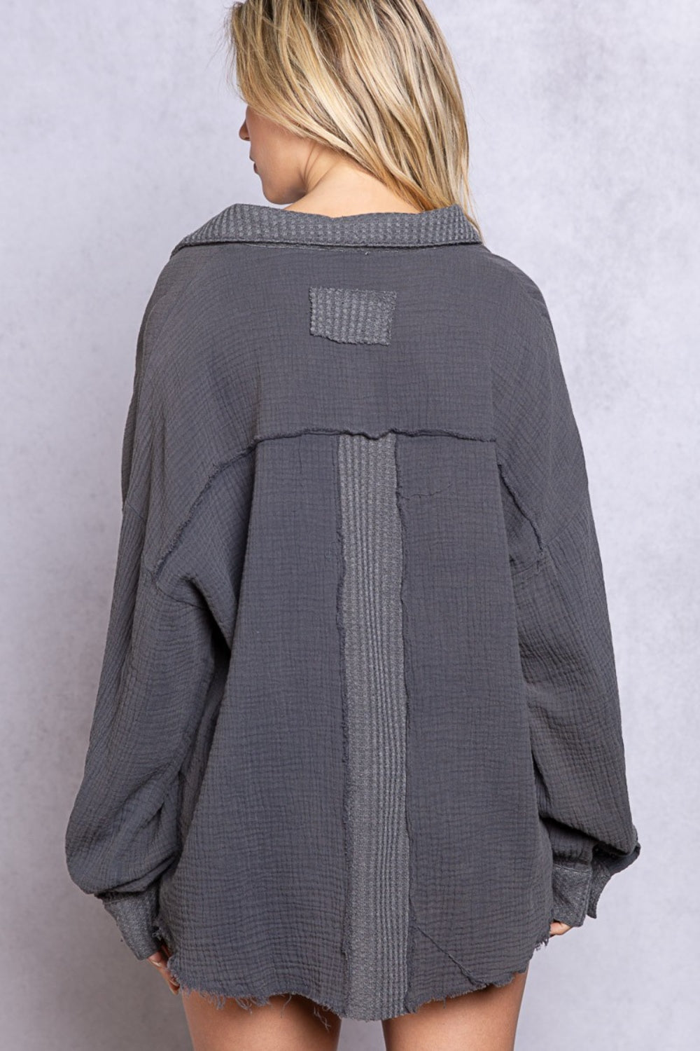 Dim Gray POL Texture Half Button Long Sleeve Top Sentient Beauty Fashions Apaparel & Accessories