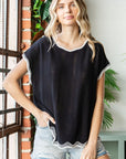 Black First Love Full Size Contrast Wavy Crochet Drop Shoulder Knit Top