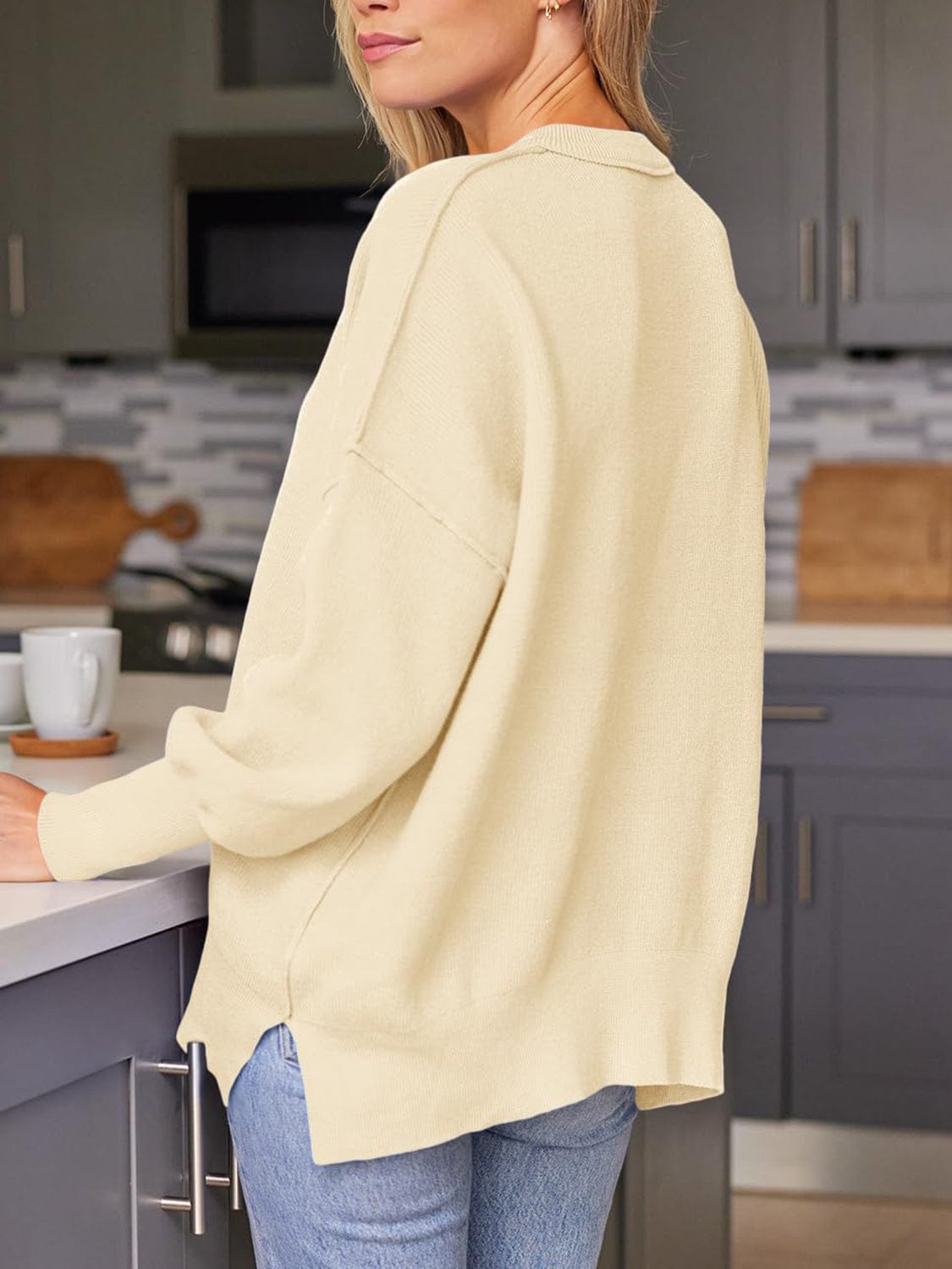 Wheat Slit Round Neck Dropped Shoulder Sweater