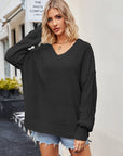 V-Neck Ribbed Dropped Shoulder Knit Top