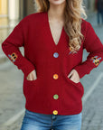 Contrast Button V-Neck Long Sleeve Cardigan