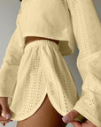 Tan Eyelet Round Neck Top and Shorts Set Sentient Beauty Fashions Apaparel & Accessories