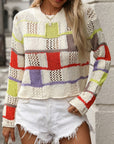 Gray Openwork Color Block Round Neck Sweater