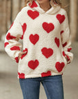 Fuzzy Heart Pocketed Dropped Shoulder Hoodie