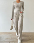 Ribbed V-Neck Long Sleeve Top and Pocketed Pants Set