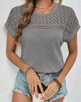 Slate Gray Waffle-Knit Round Neck Short Sleeve Top