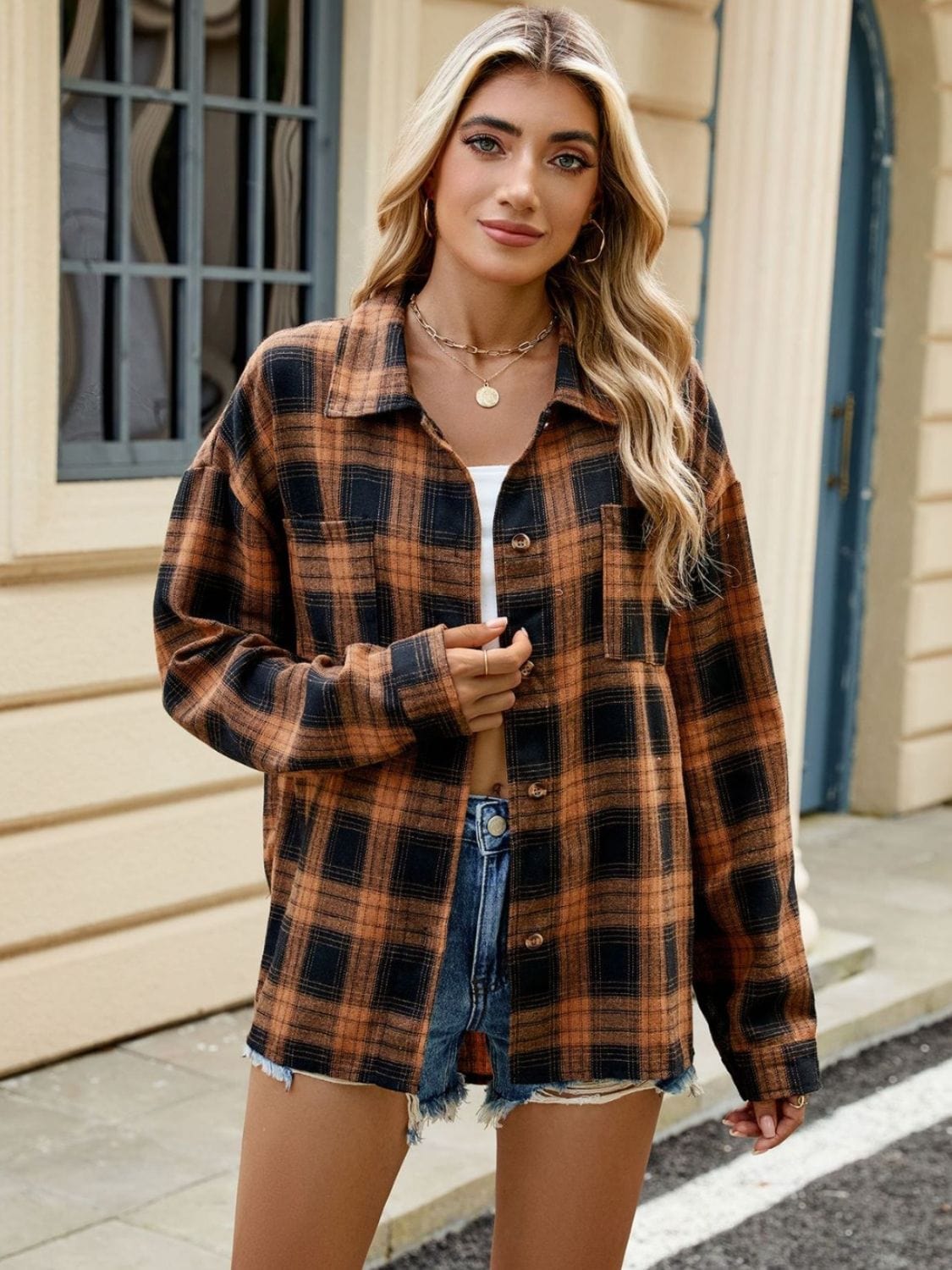 Tan Plaid Collared Neck Long Sleeve Shirt