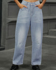 Half Elastic Waist Straight Leg Jeans