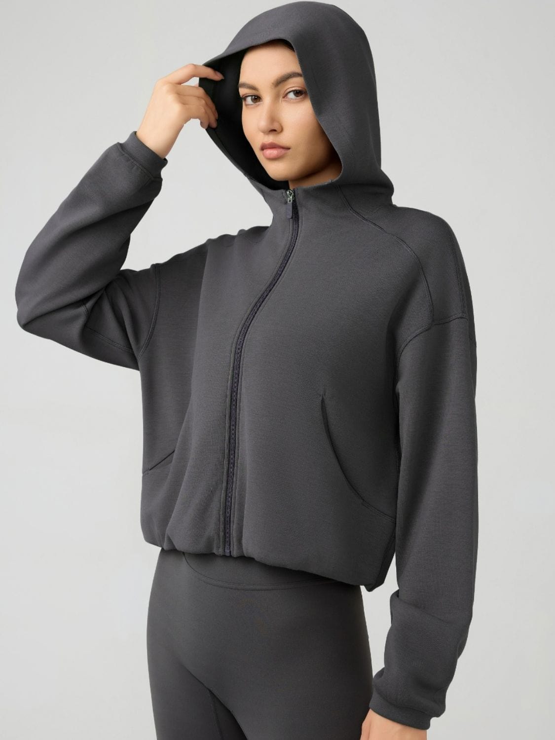 Light Gray Zip Up Dropped Shouder Active Hooded