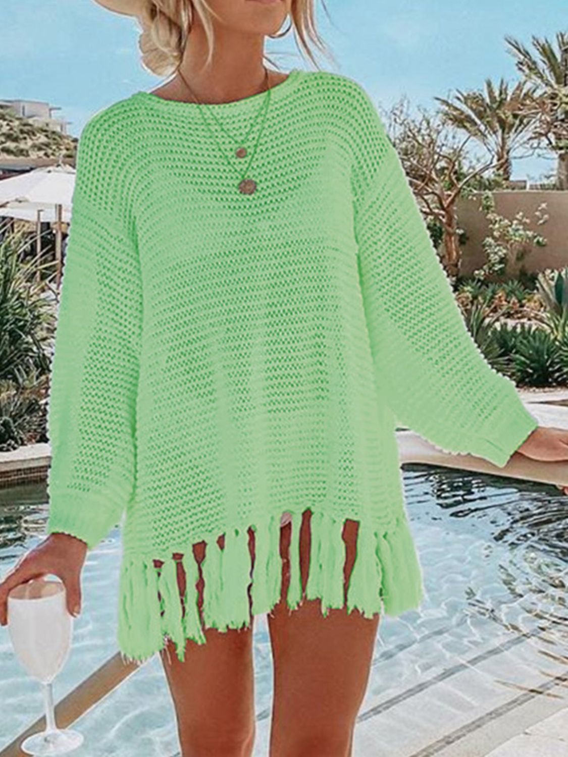 Dark Sea Green Double Take Openwork Tassel Hem Long Sleeve Knit Cover Up Sentient Beauty Fashions Apparel &amp; Accessories