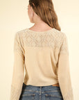 VERY J V-Neck Lace Detail Button Down Crop Ribbed Knit Top