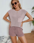 Round Neck Knit Top and Drawstring Shorts Set