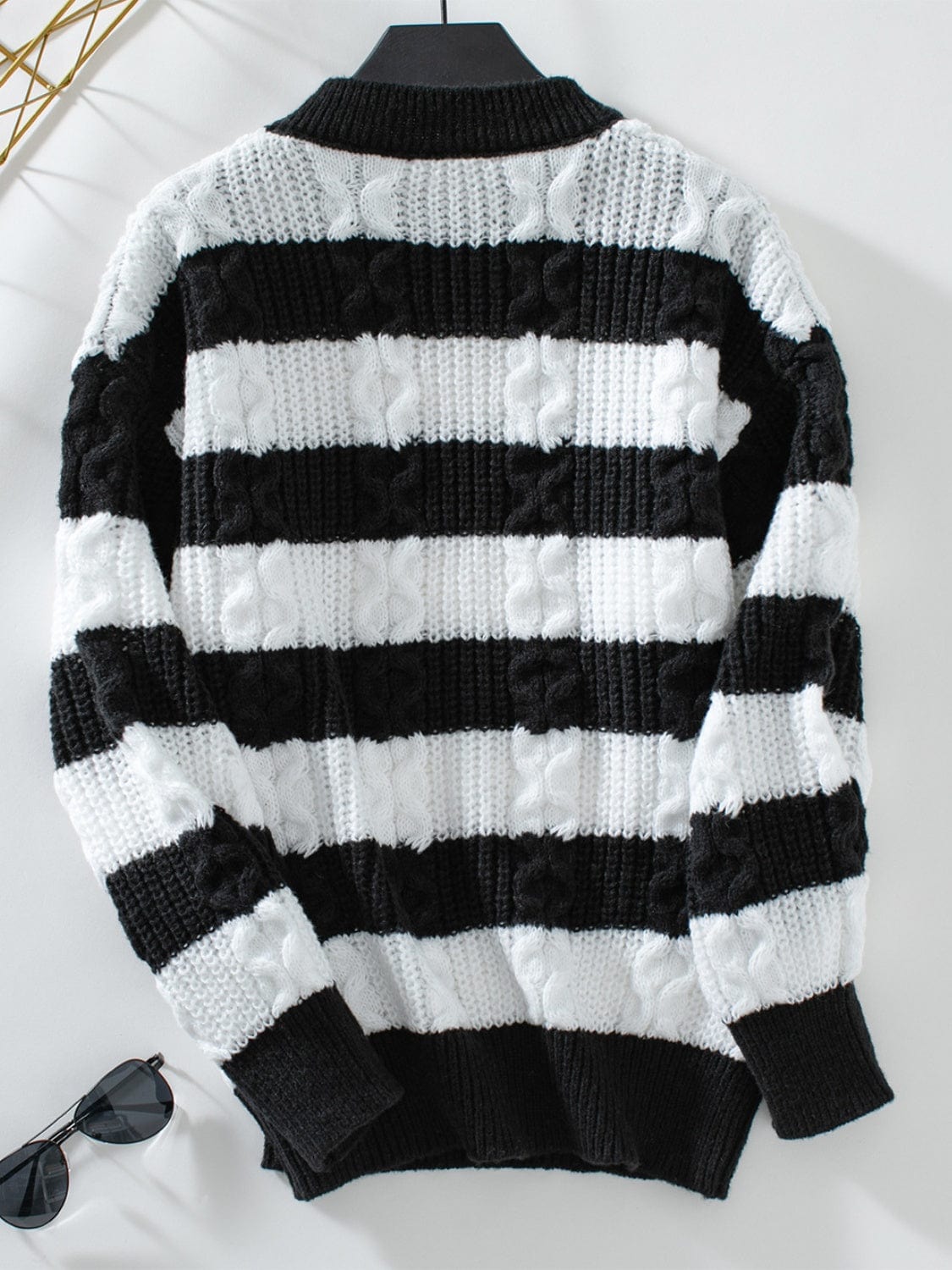 Black Striped Round Neck Long Sleeve Sweater