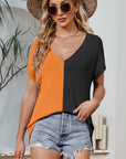 Color Block V-Neck Short Sleeve Knit Top