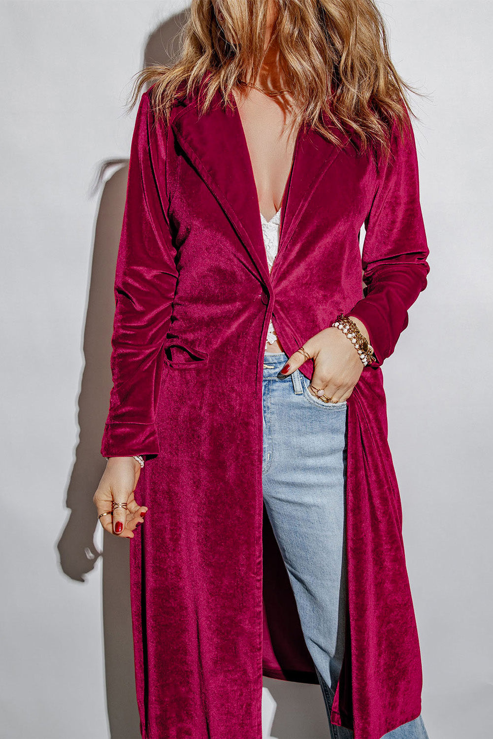 Brown Collared Neck Longline Velvet Cardigan with Pockets Sentient Beauty Fashions Apparel & Accessories