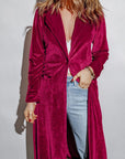 Brown Collared Neck Longline Velvet Cardigan with Pockets