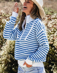 Striped Half Zip Mock Neck Long Sleeve Sweater