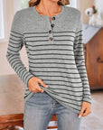 Lovelet Quarter Button Striped Round Neck Long Sleeve T-Shirt