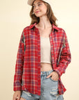 VERY J Contrast Plaid Raw Detail Shirt