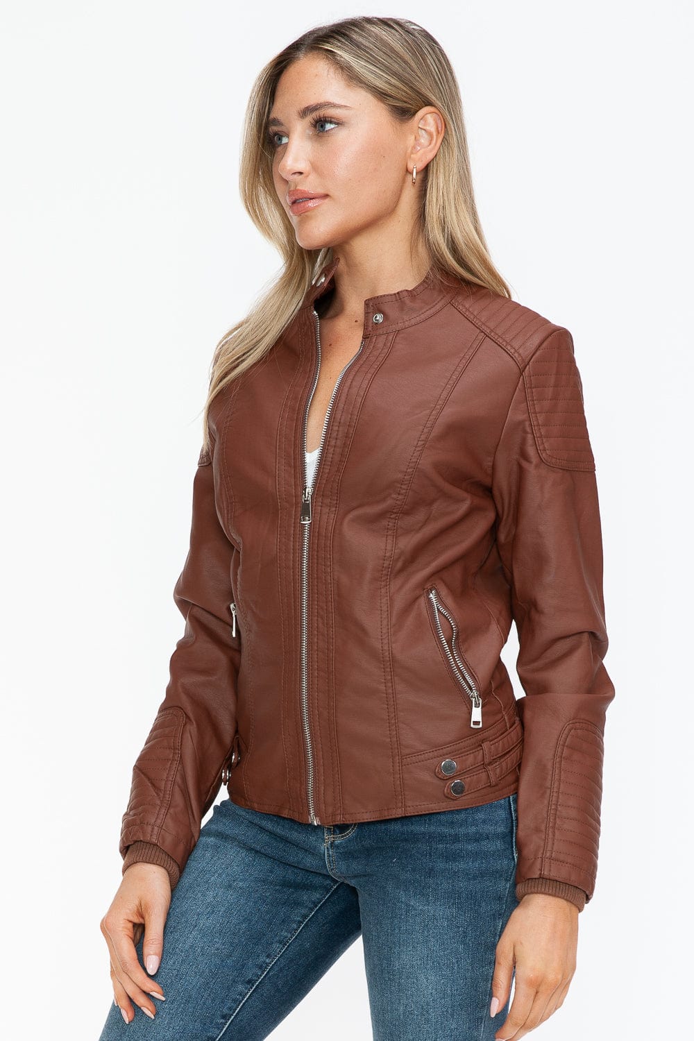 Snobbish Faux Leather Biker Jacket with Side Zip Pockets