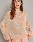 Tan POL V-Neck Long Sleeve Star Print Knit Top