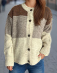 Color Block Round Neck Button Up Cardigan