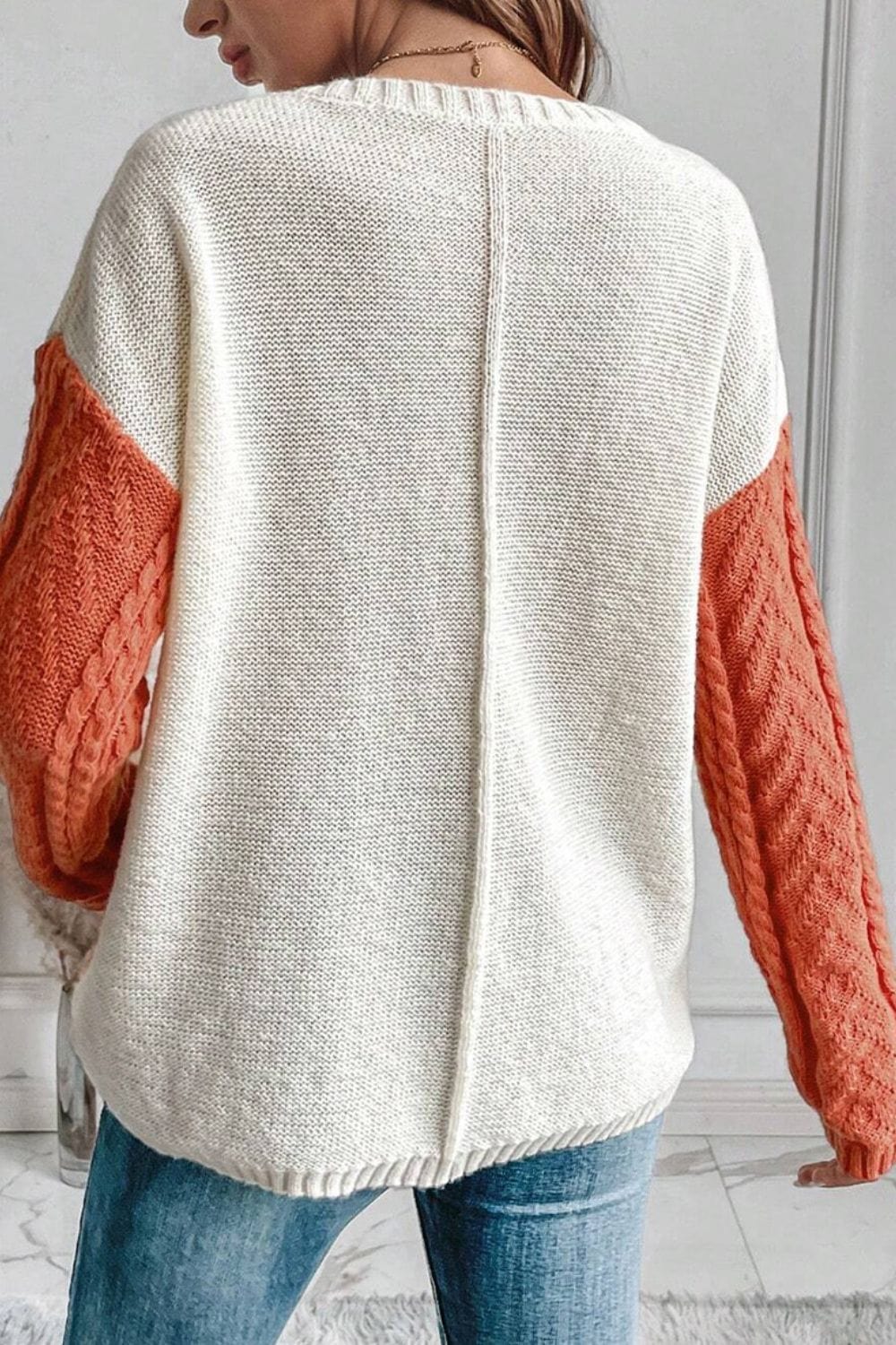 Gray Color Block Round Neck Long Sleeve Sweater