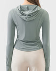 Light Gray Pocketed Zip Up Hooded Long Sleeve Active Outerwear Sentient Beauty Fashions Apaparel & Accessories