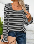 Striped Square Neck Flounce Sleeve Top