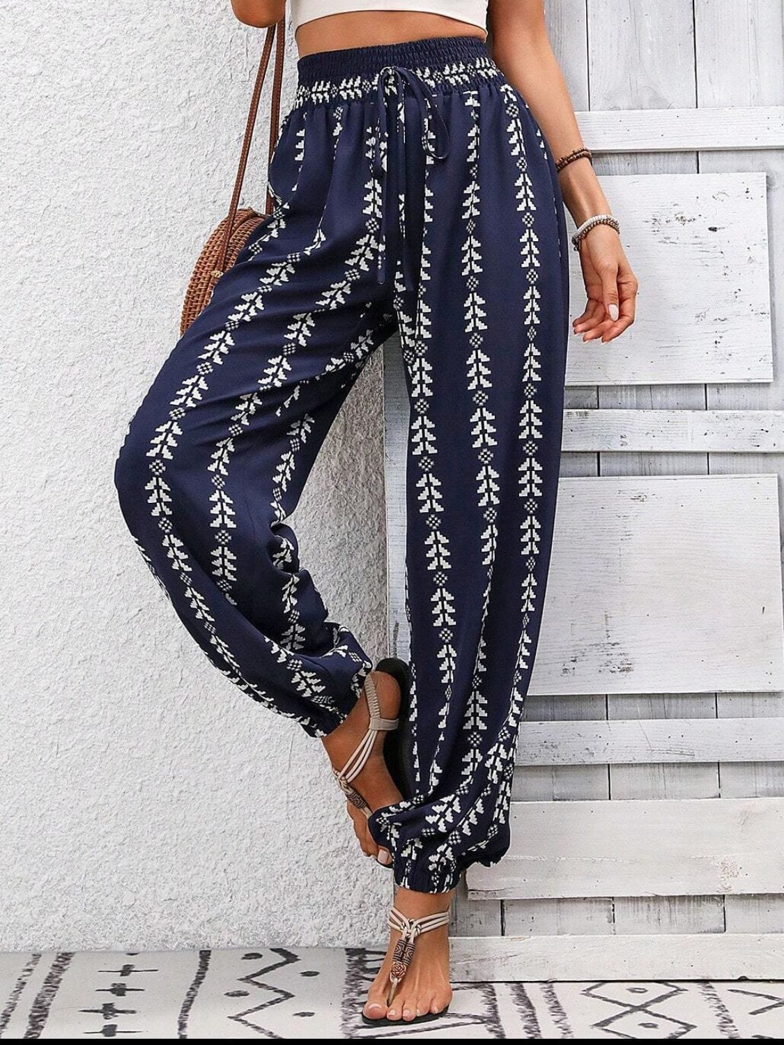 Dark Slate Gray Tied Printed High Waist Pants