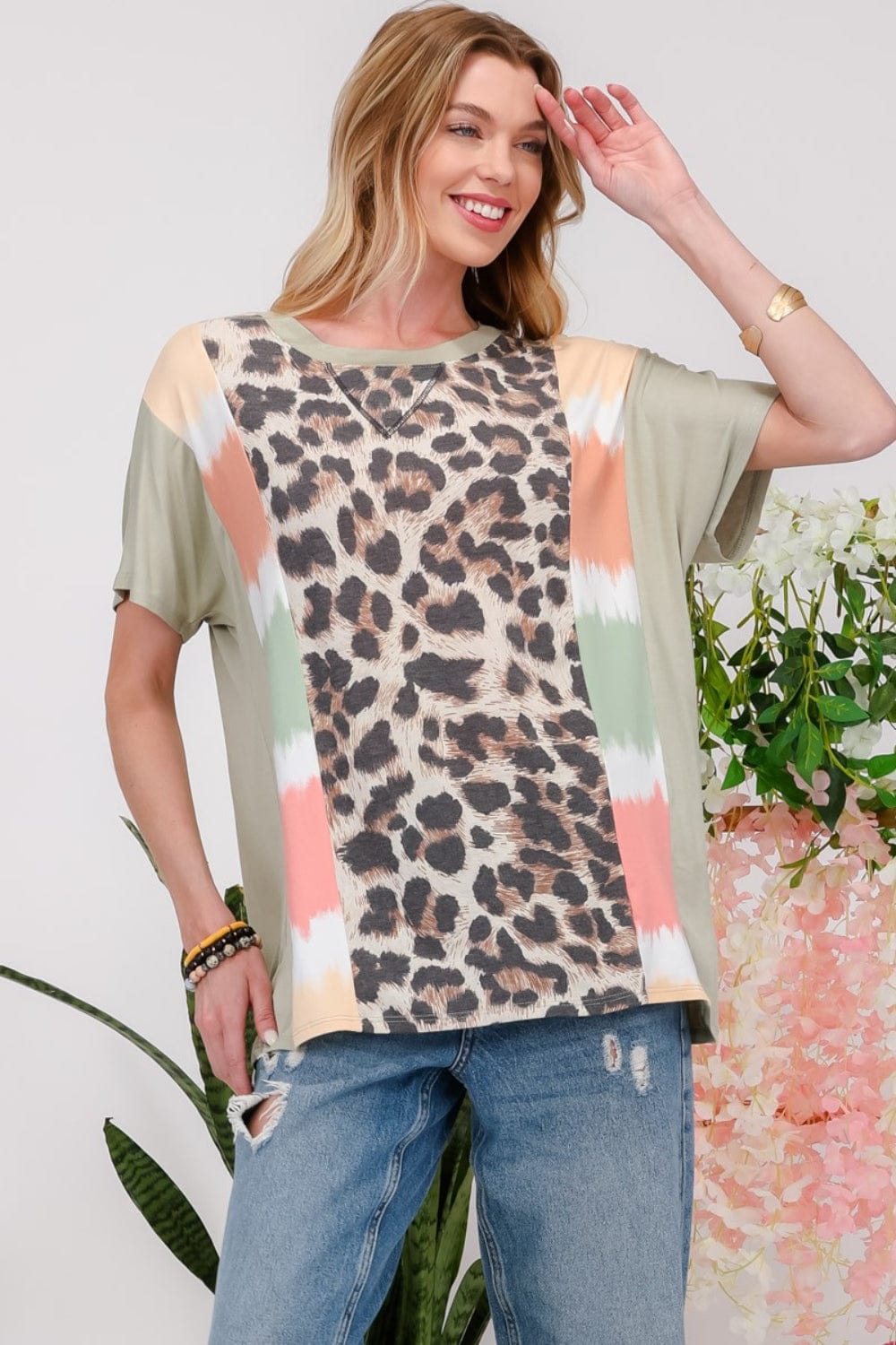 Light Gray Celeste Full Size Leopard Color Block T-Shirt