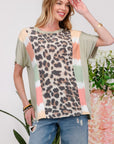 Light Gray Celeste Full Size Leopard Color Block T-Shirt