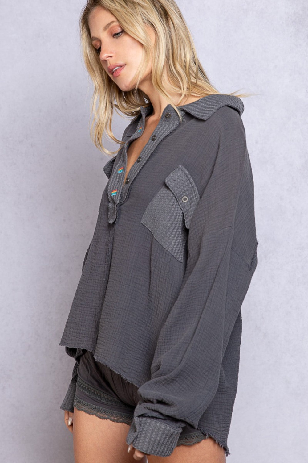 Gray POL Texture Half Button Long Sleeve Top Sentient Beauty Fashions Apaparel & Accessories