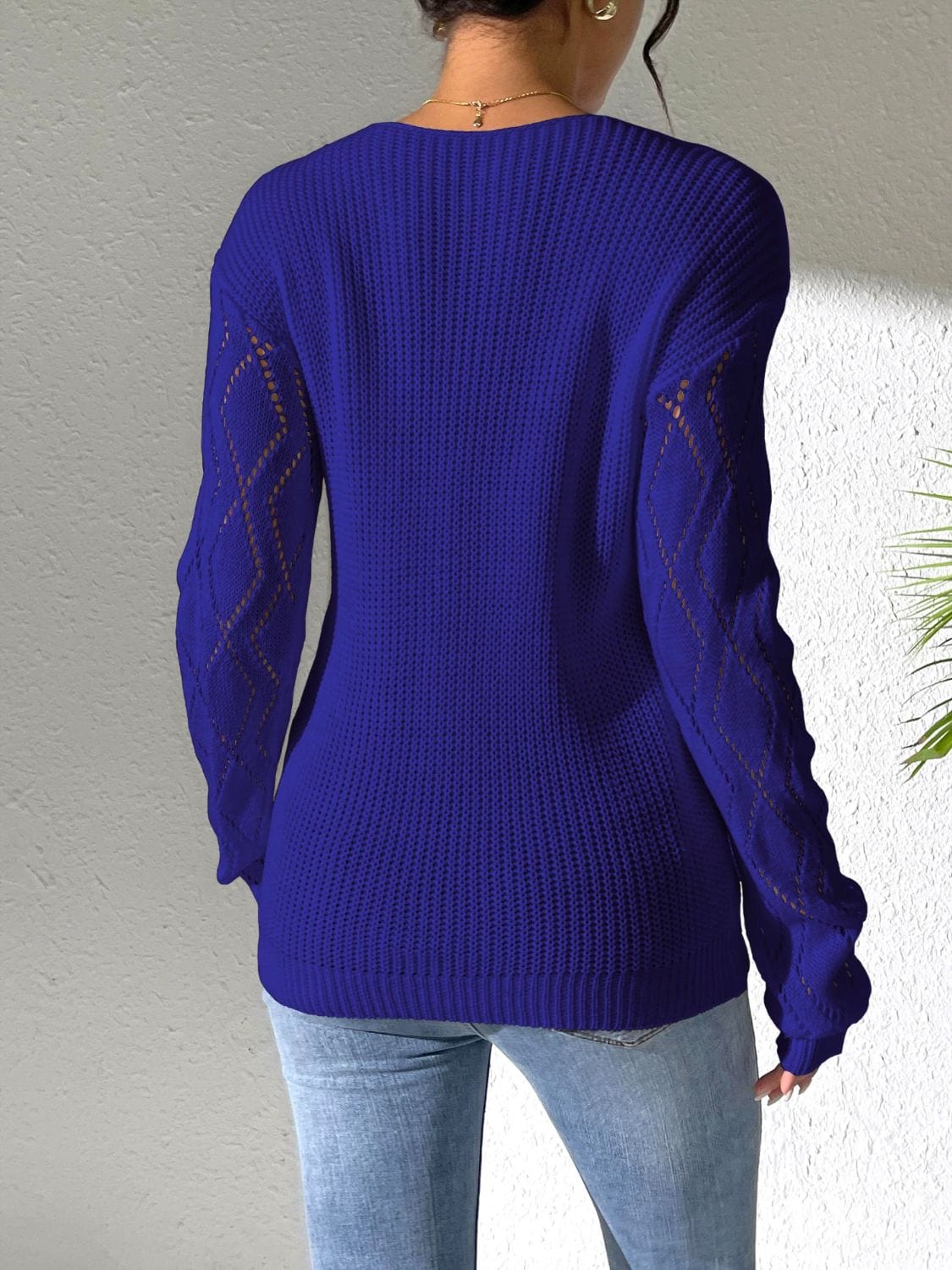 Dark Slate Blue Openwork V-Neck Long Sleeve Sweater