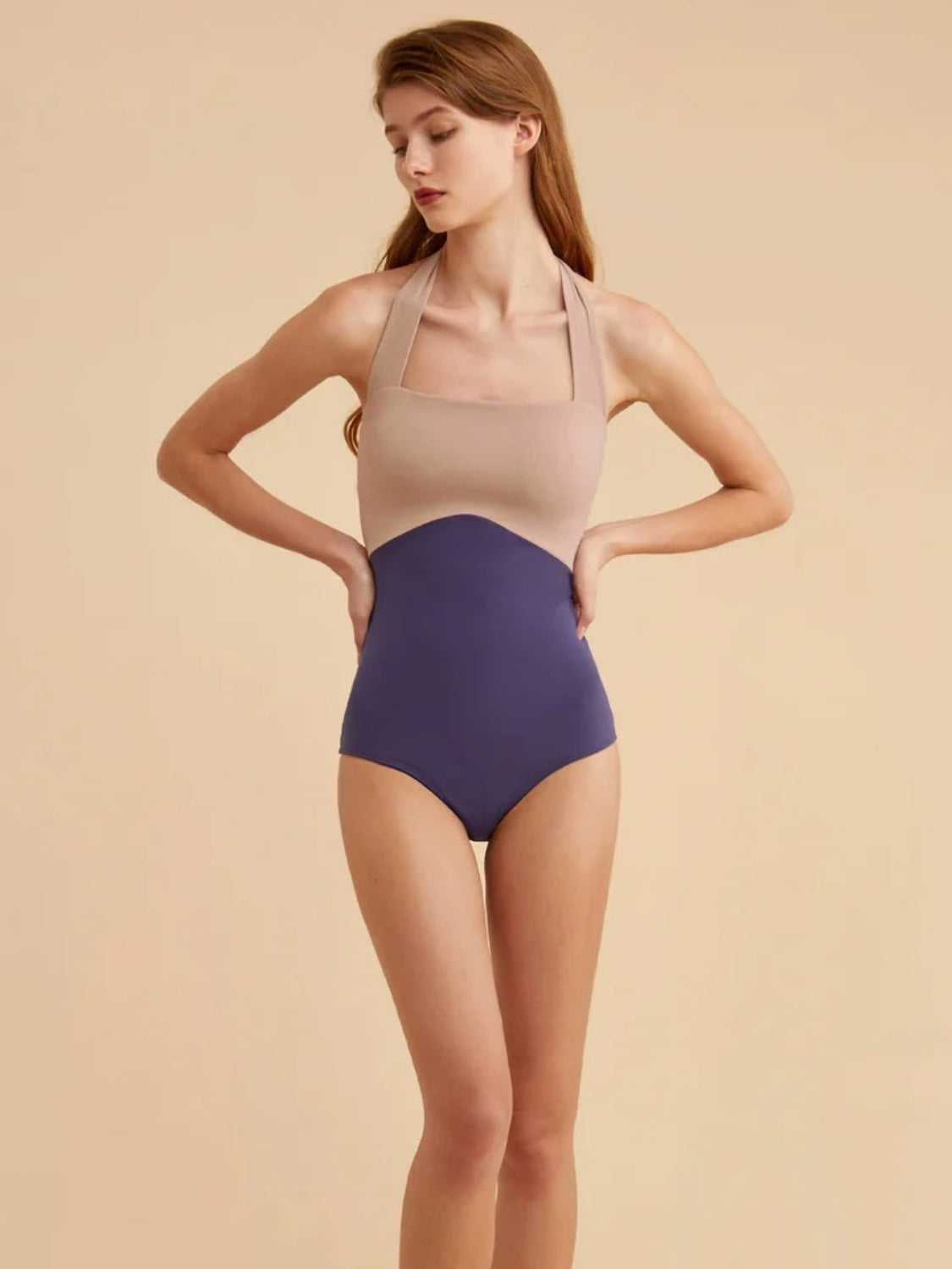 Tan Contrast Halter Neck One-Piece Swimwear Sentient Beauty Fashions Swimwear