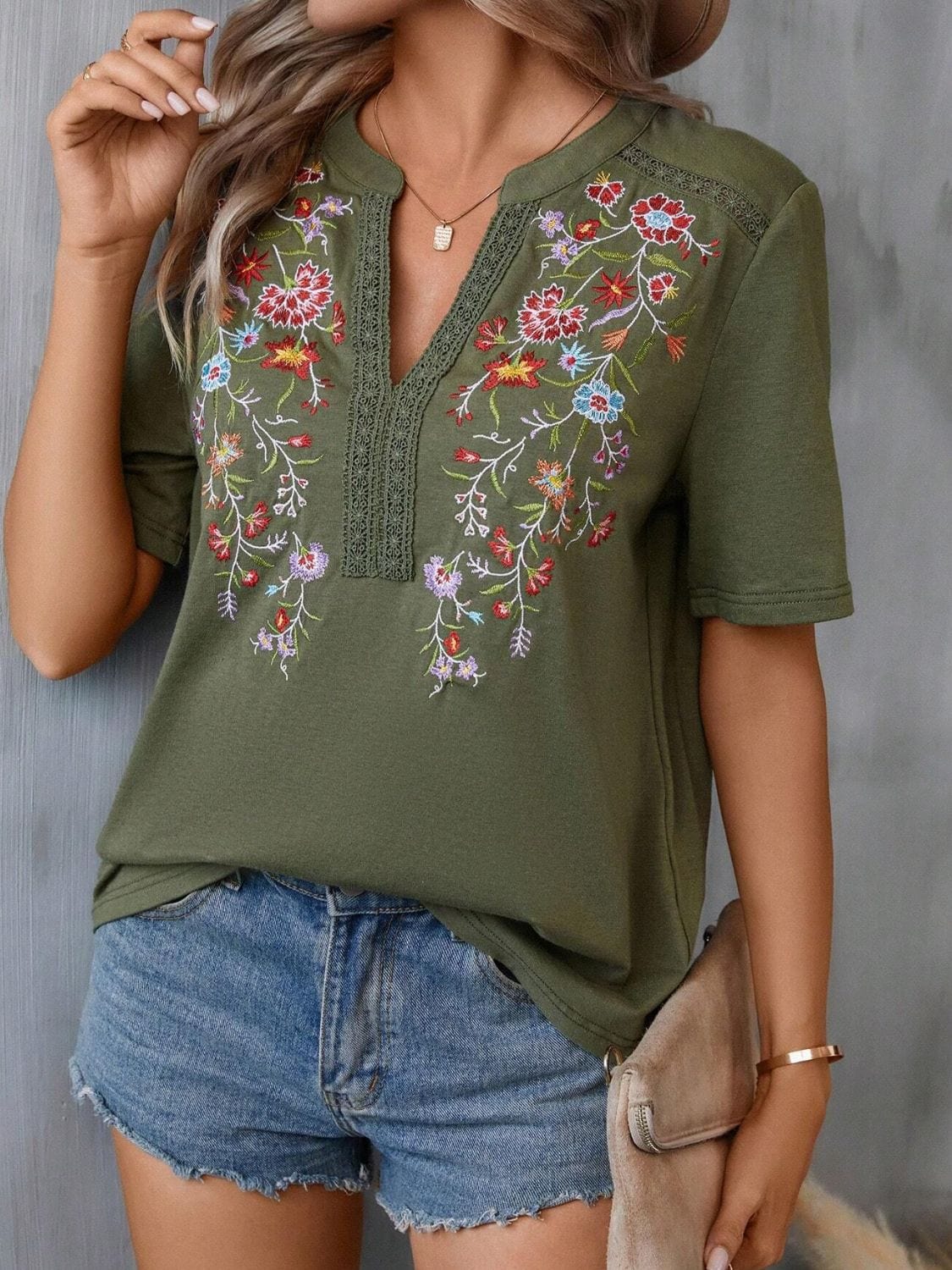 Dim Gray Embroidered Notched Short Sleeve T-Shirt