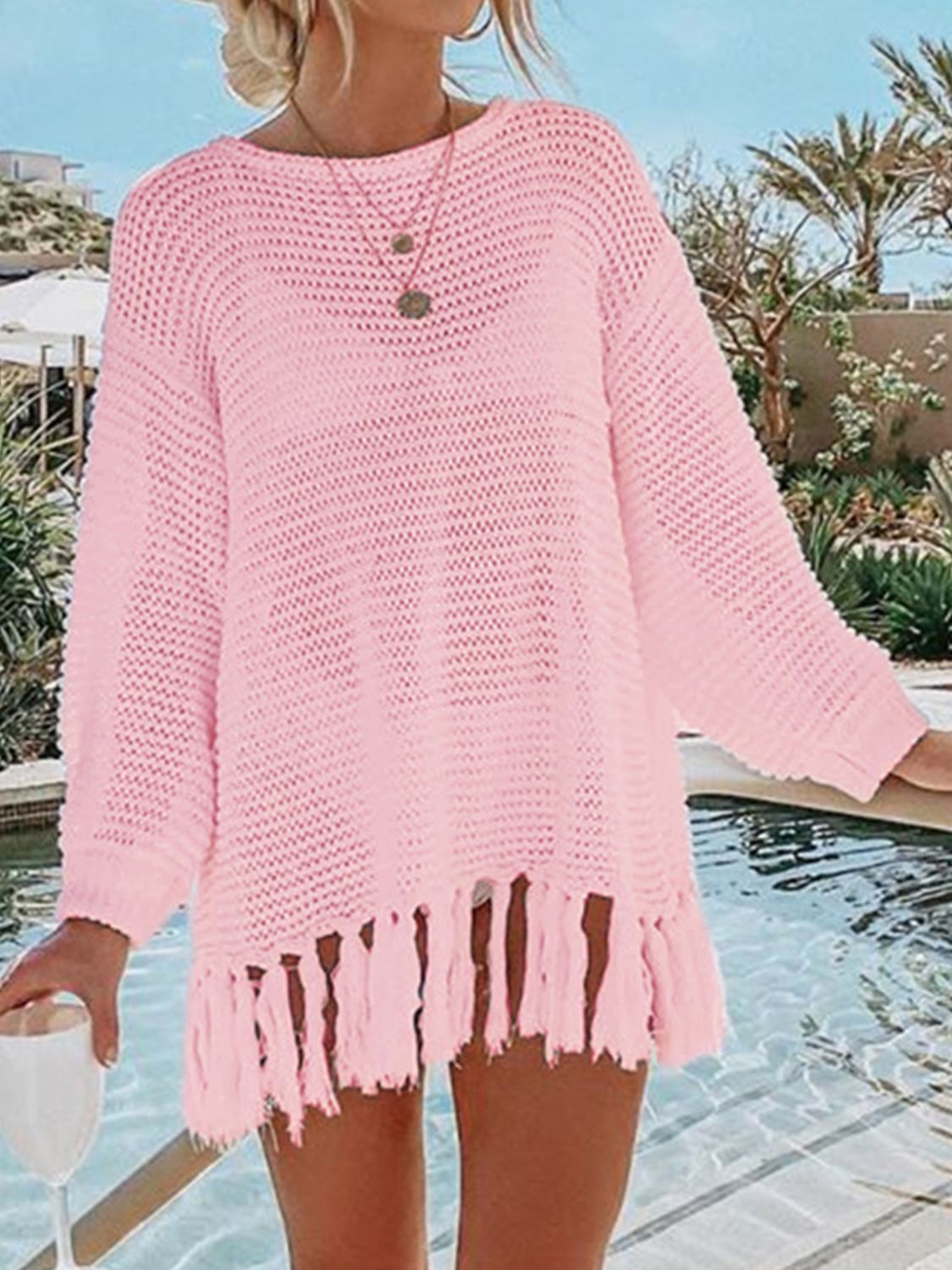 Thistle Double Take Openwork Tassel Hem Long Sleeve Knit Cover Up Sentient Beauty Fashions Apparel &amp; Accessories