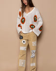 POL V Neck Long Sleeve Peace Pattern Sweater