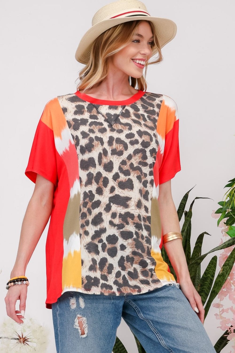 Light Gray Celeste Full Size Leopard Color Block T-Shirt