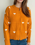 Heart Round Neck Zip Up Cardigan